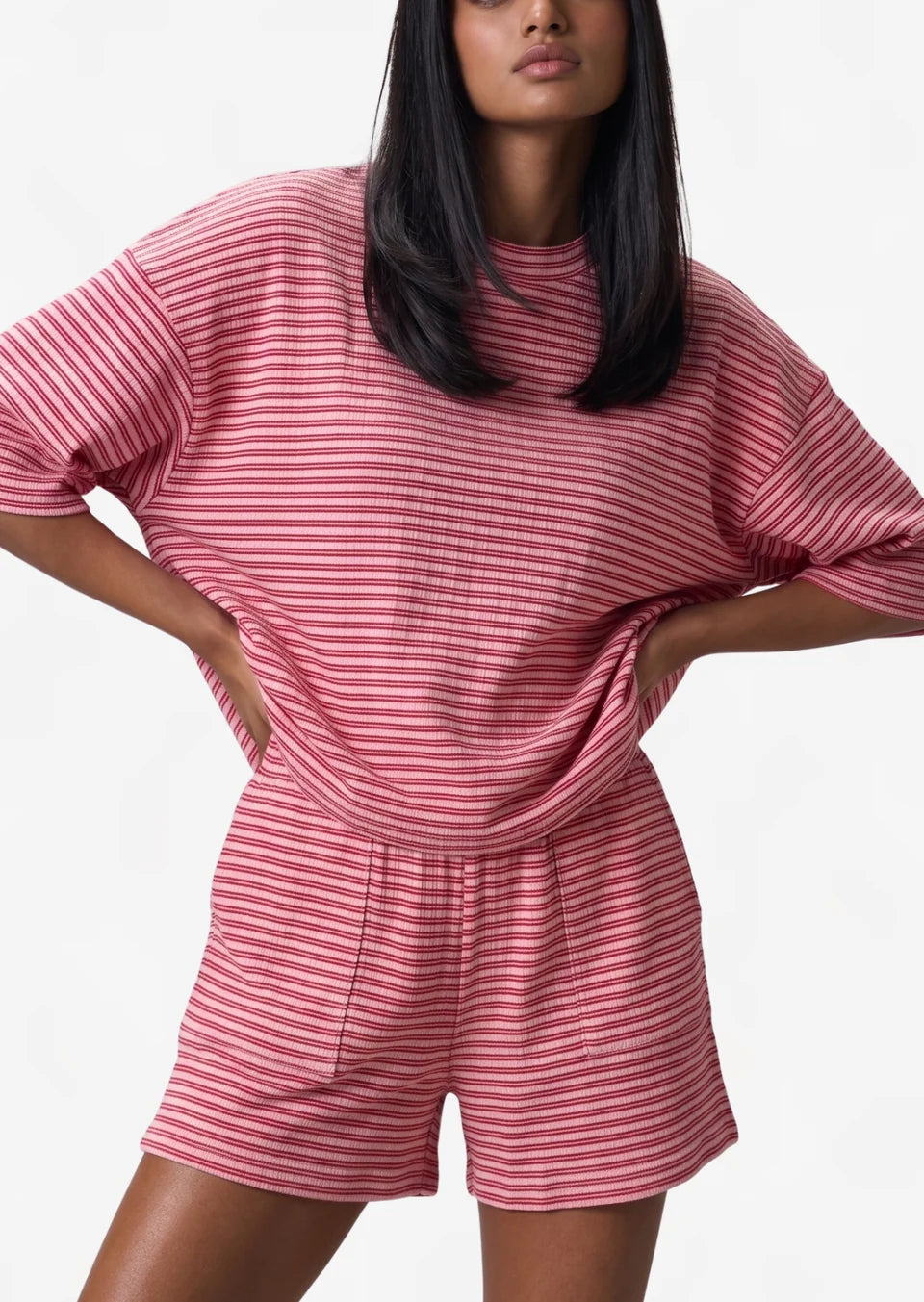Striped Pyjama Shorts Set in Red/ Pink