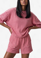 Striped Pyjama Shorts Set in Red/ Pink