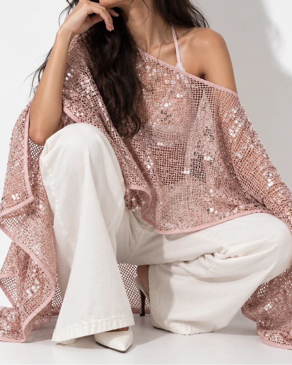 Three-way Sequin Poncho in Blush