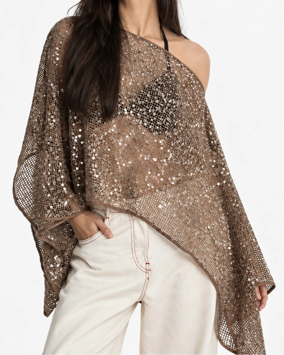 Three-way Sequin Poncho in Mocha