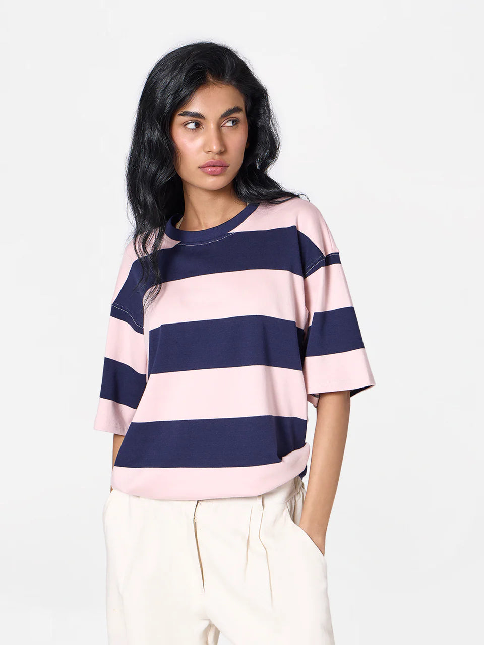 Oversized Striped Unisex Tee in Pink/Navy