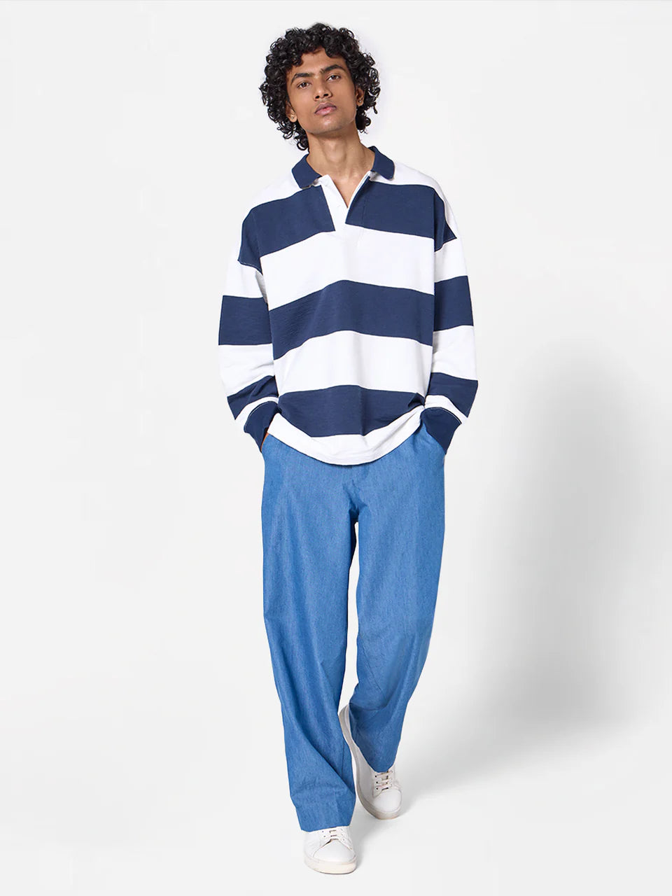 Oversized Striped Unisex Polo Tee in Navy/White