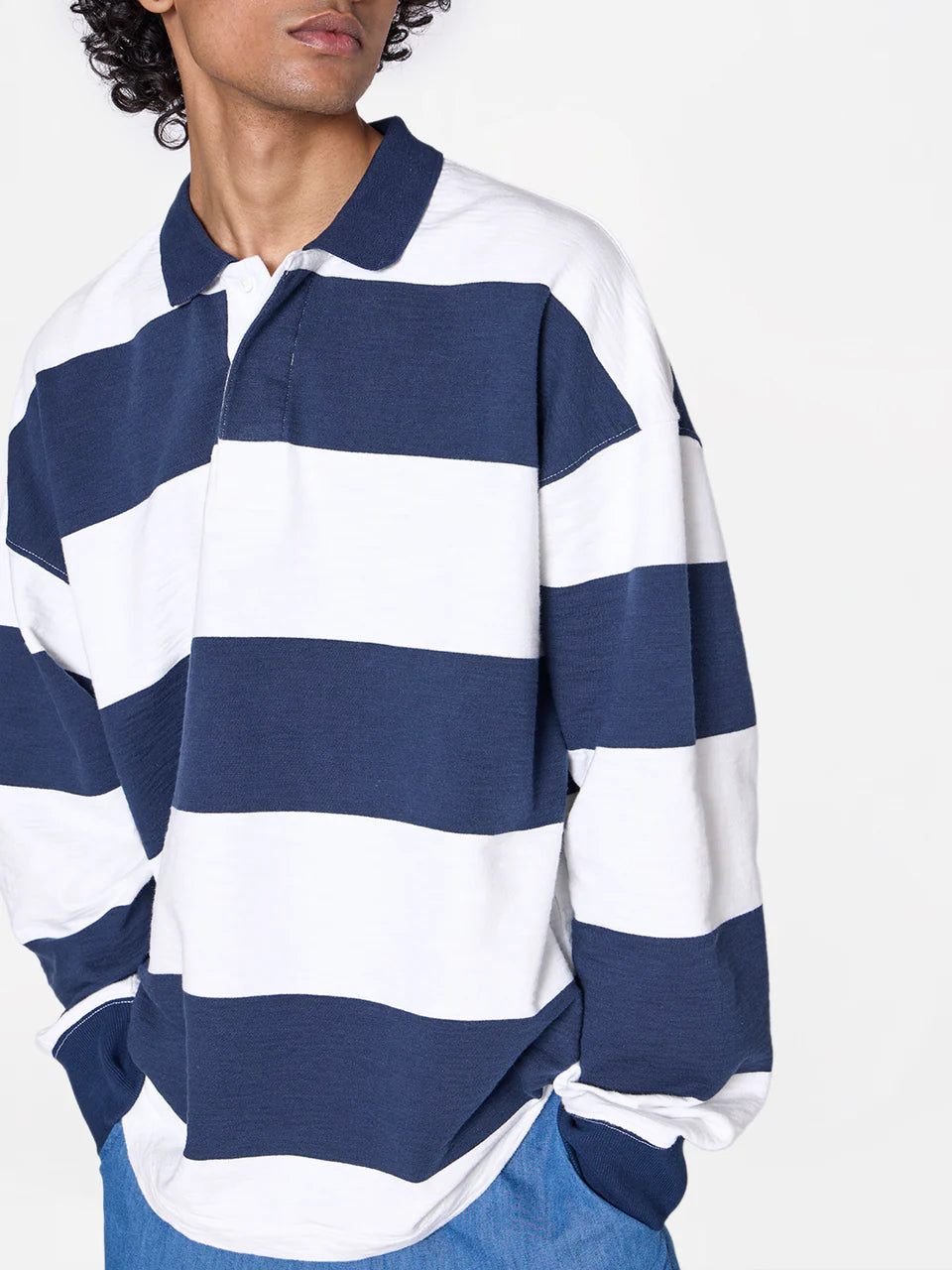 Oversized Striped Unisex Polo Tee in Navy/White