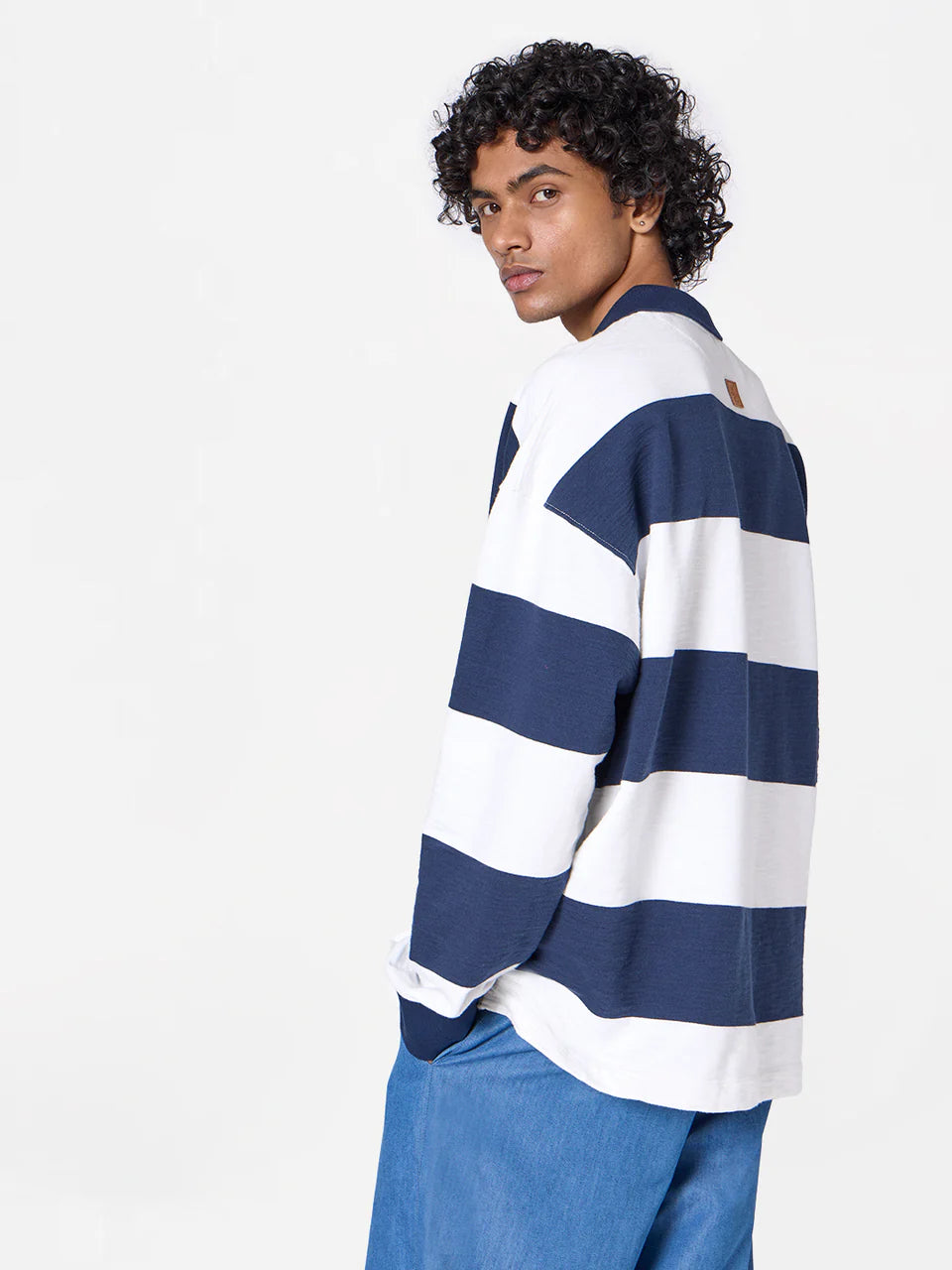 Oversized Striped Unisex Polo Tee in Navy/White