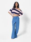 Cropped Striped Off-shoulder Tee in Pink/Navy
