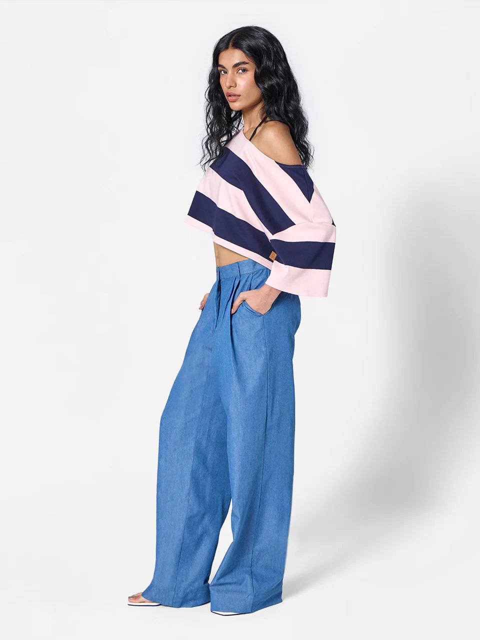 Cropped Striped Off-shoulder Tee in Pink/Navy