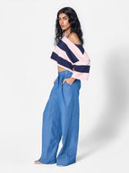 Cropped Striped Off-shoulder Tee in Pink/Navy