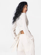 Linen-blend Wrap Top in Ecru