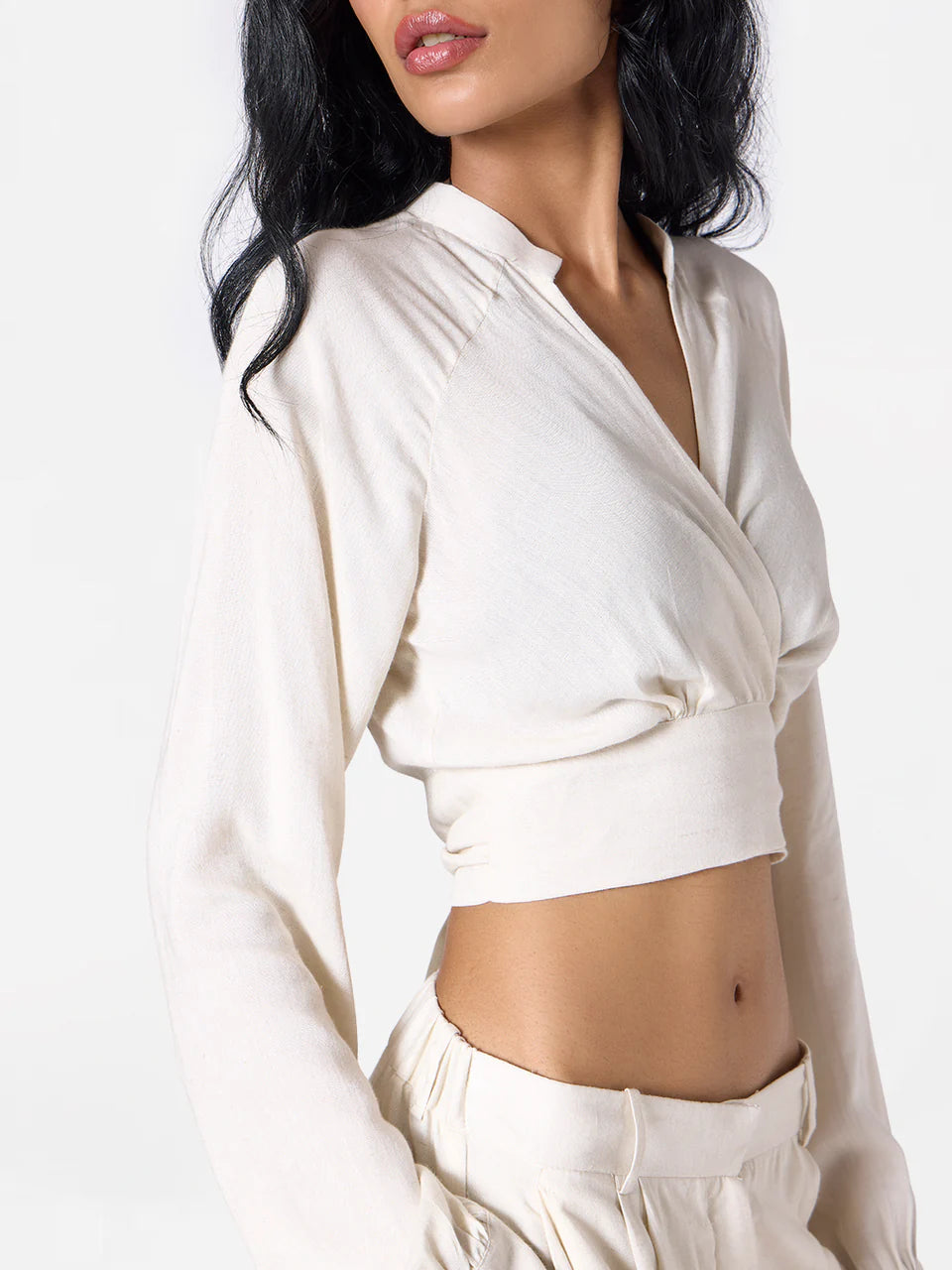 Linen-blend Wrap Top in Ecru