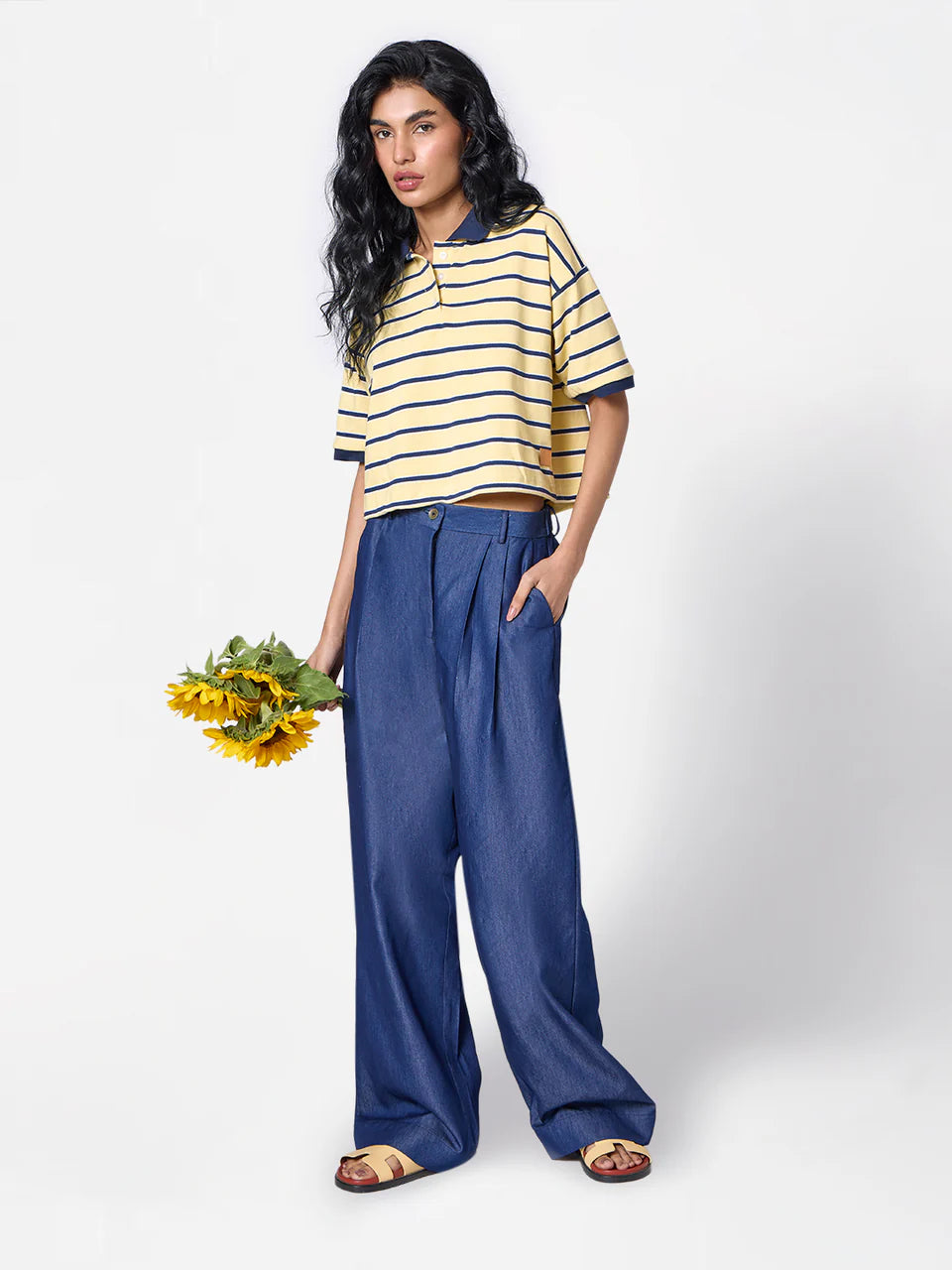Cropped Striped Polo Tee in Yellow/Navy