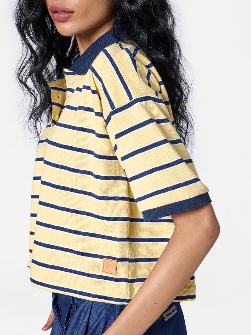 Cropped Striped Polo Tee in Yellow/Navy