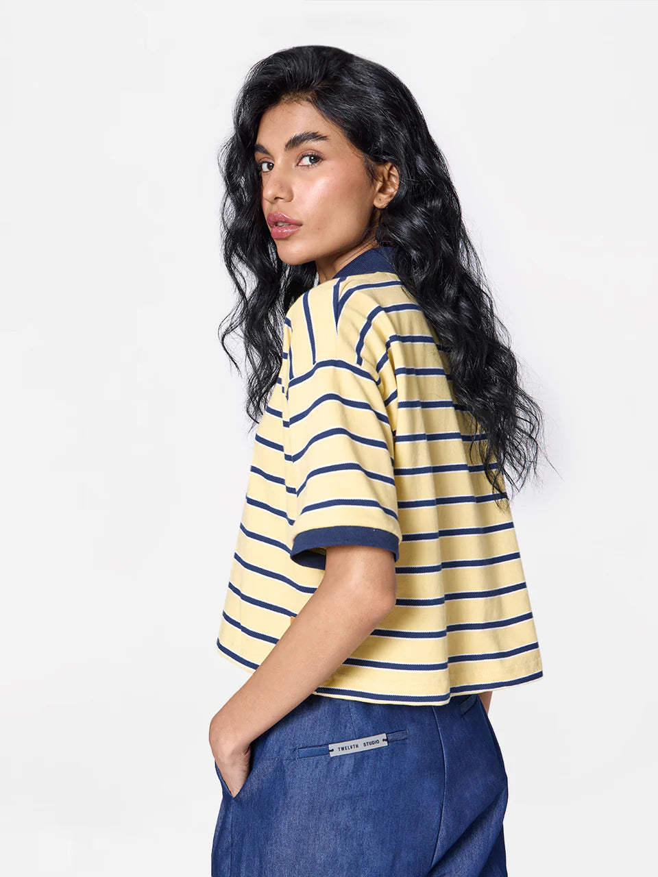 Cropped Striped Polo Tee in Yellow/Navy