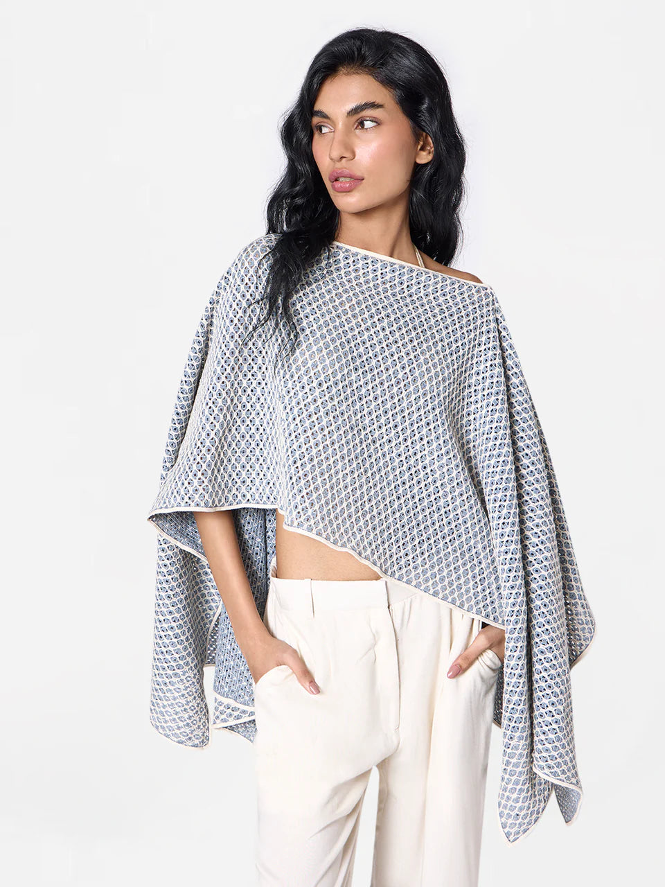 Three-way Poncho in Ice-blue/Cream