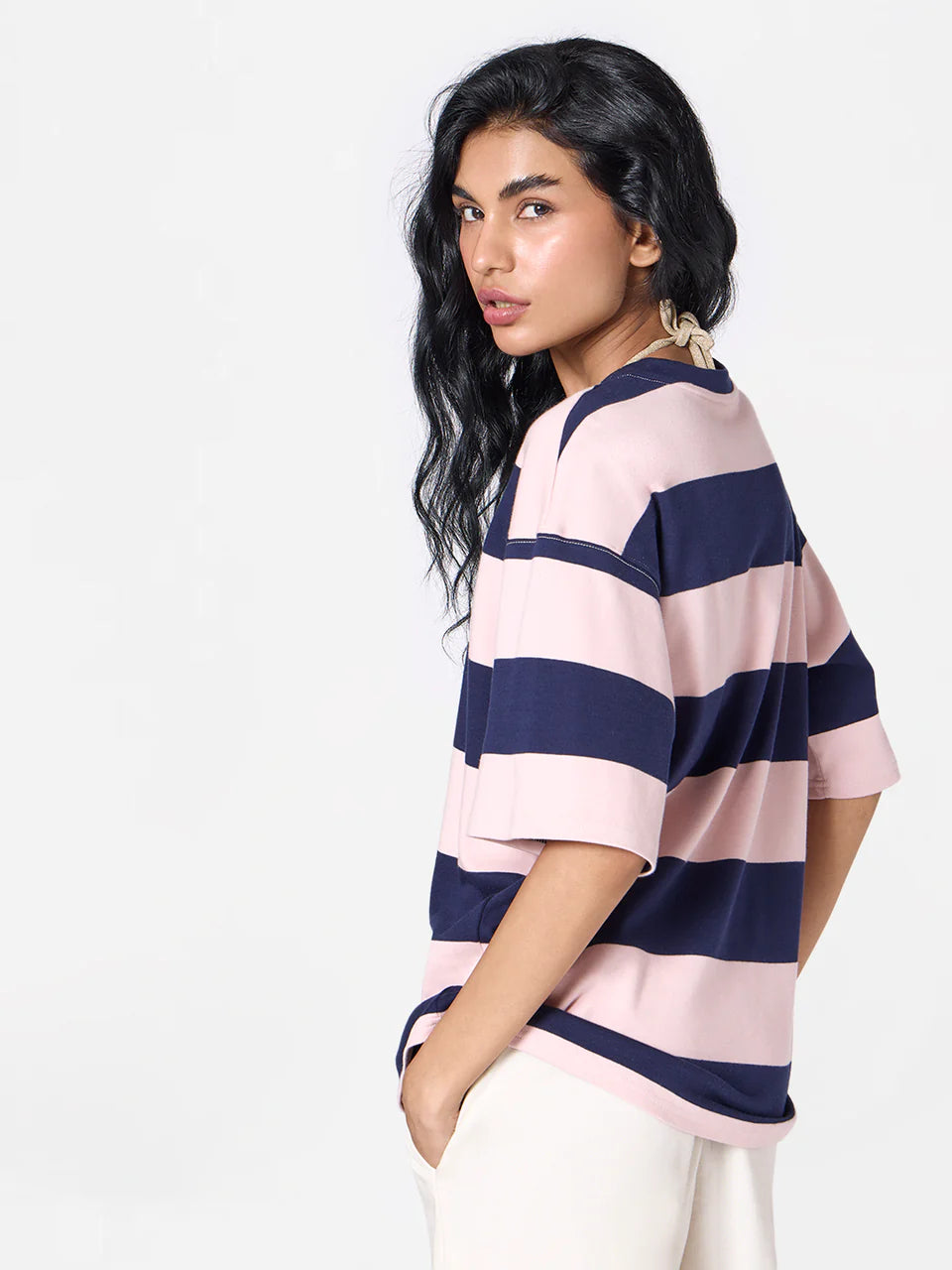 Oversized Striped Unisex Tee in Pink/Navy