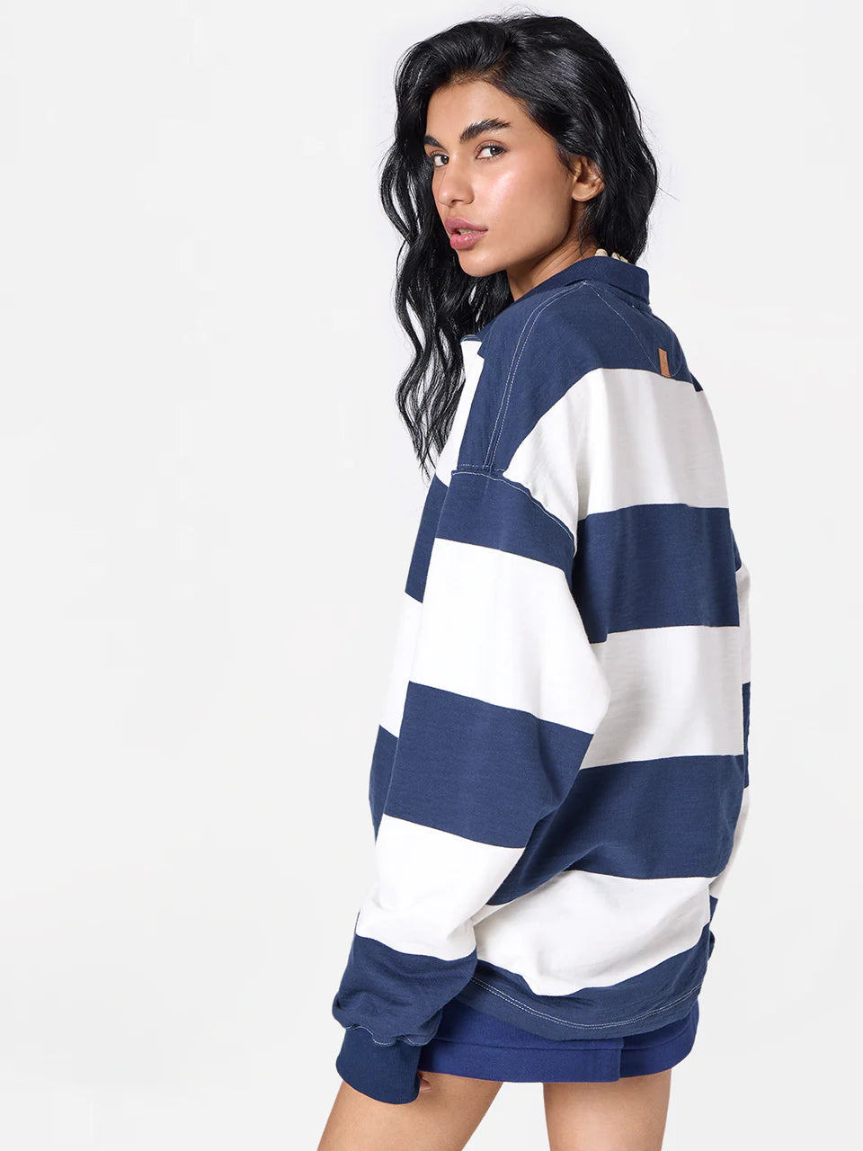 Oversized Striped Unisex Polo Tee in Navy/White
