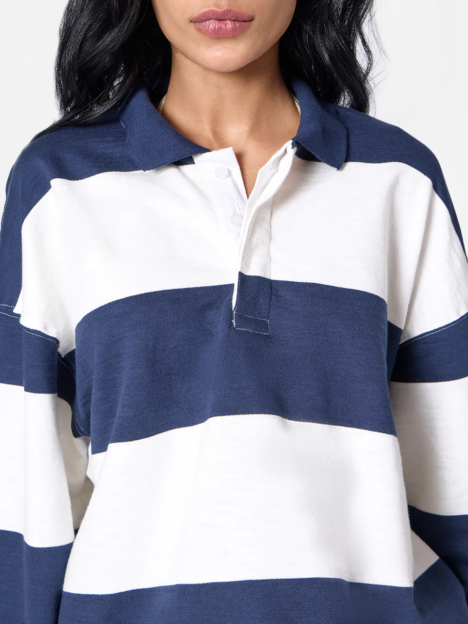 Oversized Striped Unisex Polo Tee in Navy/White