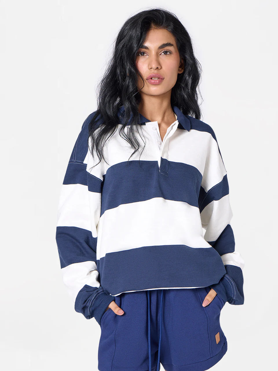 Oversized Striped Unisex Polo Tee in Navy/White